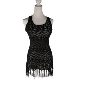 Dun Kill Volk Black Crochet Mini Dress Fringe Whimsigoth Sz Small Boho Bohemian